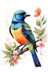 Tropical bird on a branch with flowers isolated on white background. watercolor illustration for decoration greeting cards, invitations, prints, textile or wall art