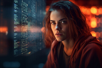 Woman IT developer working at computer at night with AI data