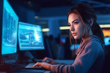 Fototapeta na wymiar Woman IT developer working at computer at night with AI data