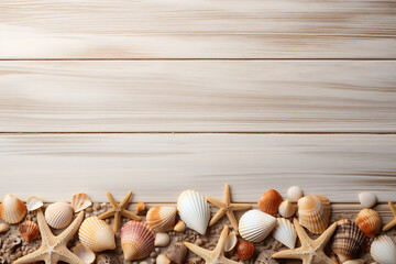 Summer sea holiday background - shells, star on a wooden background.