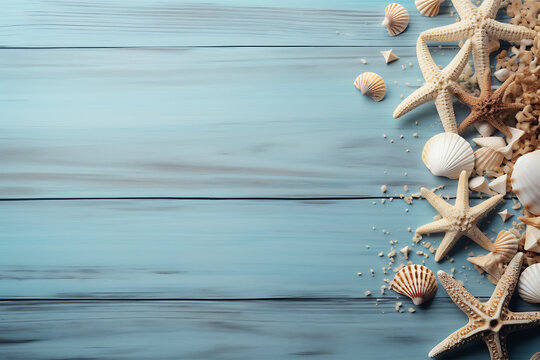 Summer sea holiday background - shells, star on a wooden blue background AI Generative
