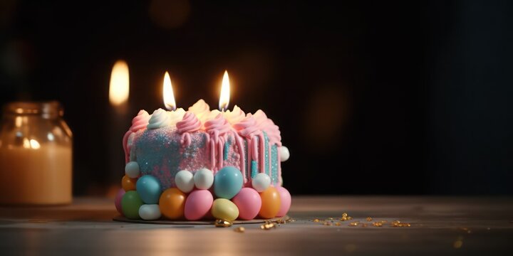 Birthday cake background decorated with candles, colorful birthday and wedding cake over dark background with empty space for text, birthday wishes wallpaper night background