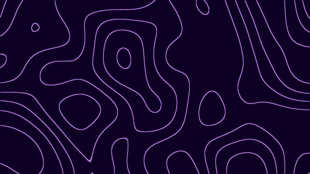 Abstract animated outline topographic contour map. Moving waves on black background. 4K looped animation. Seamless loop terrain landscape map. Purple lines liquid melt moving
