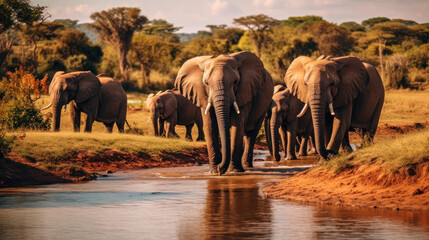 Naklejka premium elephants in the river Generative Ai