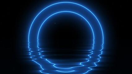 Neon circles on a starry sky and water waves bright neon rays, vibrant shine with neon glow rings in ocean waves. Screensaver for advertising and space for products. Full moon party background - Powered by Adobe