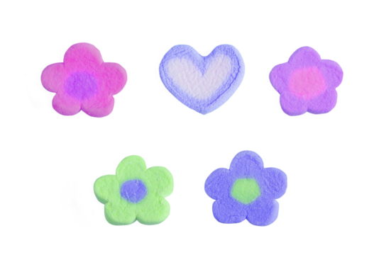 Group of vibrant colored flowers and heart shaped marshmallow candy on transparent background, png file - Powered by Adobe