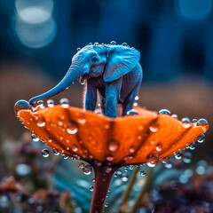 A tiny elephant hanging from the tip of a bright flower, Generative AI
