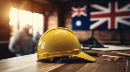 yellow protective helmet of builder or architect on a wooden table against the background of the flag. labor day in Australia.