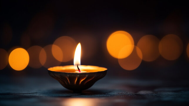 A close-up of a diya the flame flickering in the darkness, diwali stock images, realistic stock photos