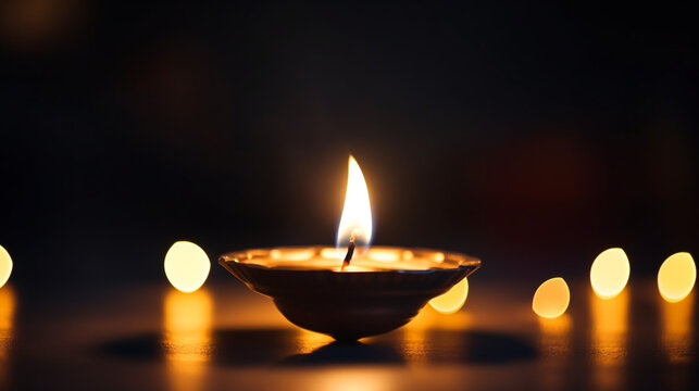 A close-up of a diya the flame flickering in the darkness, diwali stock images, realistic stock photos