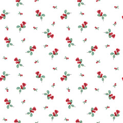 Cowberries branch isolated on white background. Watercolor seamless pattern of swamp berry. Botanical illustration with red berries for room decor, print, postcards, textile design.