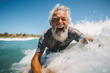 Senior fit man having fun surfing on tropical beach - Elderly healthy people lifestyle and extreme sport concept - obrazy, fototapety, plakaty