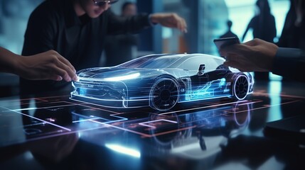 Car design engineers using holographic app in digital tablet - obrazy, fototapety, plakaty