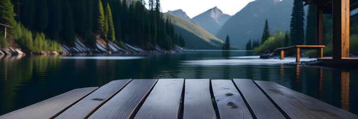 Wooden deck near the lake, mountains, trees