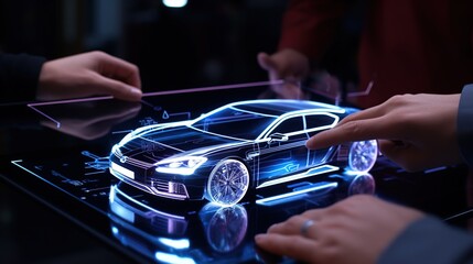 Car design engineers using holographic app in digital tablet