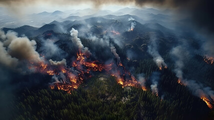Fototapeta na wymiar Aerial view of mountain forest fire. Generative AI