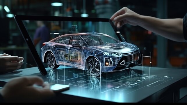 Car design engineers using holographic app in digital tablet