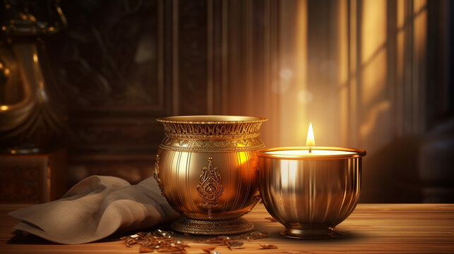 Beautiful gold candle and candle in gold pot on a wooden table, diwali stock images, realistic stock photos