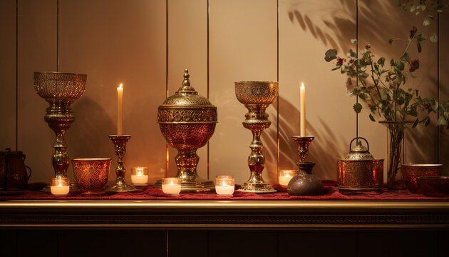 Table with several brass candle holders, diwali stock images, realistic stock photos