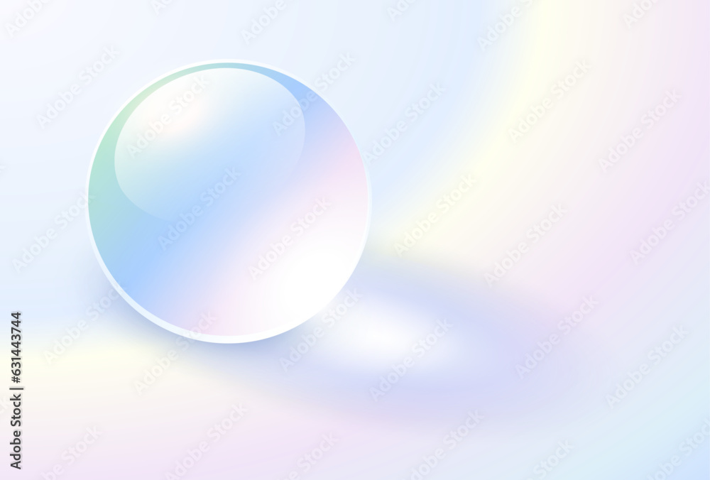 Poster background with glass transparent sphere, iridescence pearl shimmering with colors.