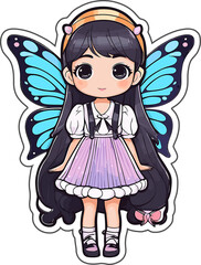 Cute anime girl with butterfly wings, fairy flat vector sticker illustration.