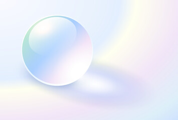 Background with glass transparent sphere, iridescence pearl shimmering with colors.
