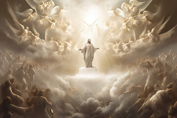 Jesus ascended reaches out to heavenly light surrounded by angels and followers in heaven