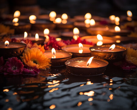 Many diwali candle lit on top of water in the water, diwali stock images, realistic stock photos