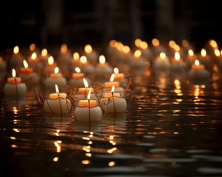 A group of small white candles sit in the water for diwali, diwali stock images, realistic stock photos