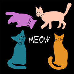 Set with multicolored cats silhouette illustration isolated on black