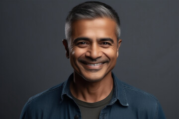  Indian mid adult man grey on a yellow background