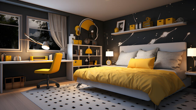 Chambre d'adolescent moderne dans les tons gris et jaune