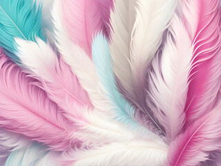 Fototapeta premium Pastel rainbow feathers background. Generative ai art.