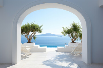Minimalism arch gate view to the sea beach living Santorini island style