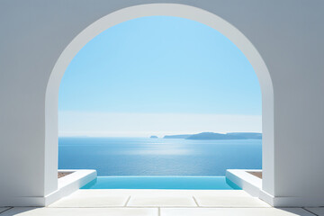 Obraz na płótnie Canvas Minimalism arch gate view to the sea beach living Santorini island style