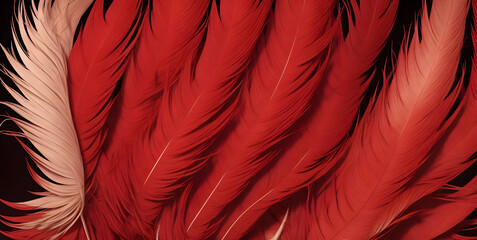 Close up of red feathers. Christmas concept. Generative ai art.