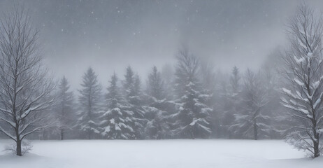 Snow covered trees in the forest background concept. Generative ai art.