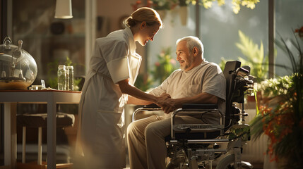 Medical worker helping with rehab the senior patient while being in a modern equipped rehabilitation center with warm light