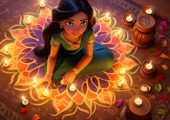 A rangoli decorative pattern made of colored rice, diwali stock images, cartoon illustration art