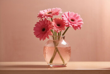 Pink gerbera flowers in a glossy vase on table with pink wall background. High Quality Image. Generative Ai