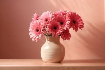 Pink gerbera flowers in a glossy vase on beige table with pink wall background. High Quality Image. Generative Ai