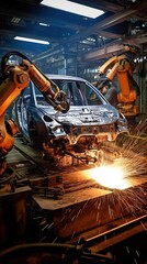 A robot is welding a welding arm in a car production line