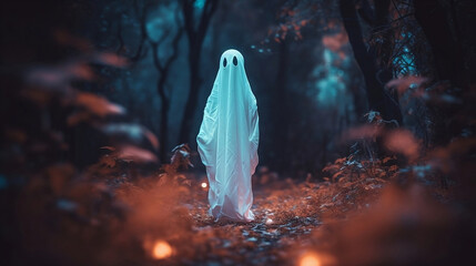 Cute ghost walking in the forest. Halloween.