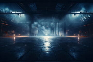 Industrial warehouse with high ceiling, metal beams, pipes, square-tiled floor, multiple pillars, diffused lighting, and fog. 