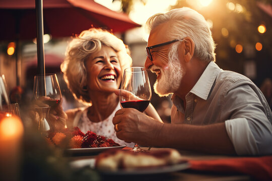 Happy senior couple having fun with eating and drinking red wine at dinner barbecue party outdoor , Youth and elderly weekend lifestyle activities - Focus on wineglass