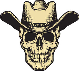 Skull wearing a cowboy hat illustration, with bold inking style, vintage
