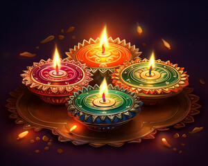 Obraz na płótnie Canvas Three lit diyas in colorful light on a background, diwali stock images and illustrations