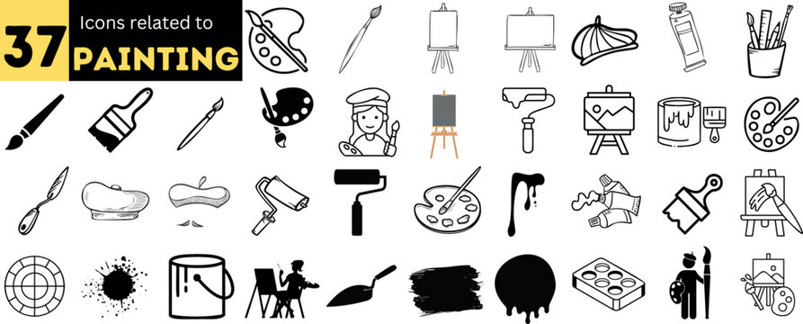  37 icons related to painting and drawing. The icons are designed in a simple and elegant style,materials for painting, such as brushes, paints, palettes, easels, canvases, spray cans, pencils, marker