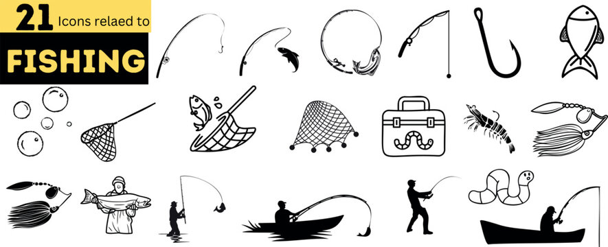 21 icons related to fishing and angling. The icons are designed in a colorful and cartoon style, with solid shapes and curved lines,  such as rods, reels, hooks, baits, nets, and boats. 