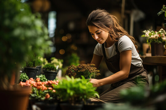 Florist female pruning potted flower at gardener lifestyle